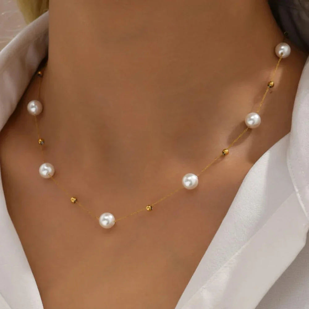 Stainless Steel Temperament Pearl Chain Choker Necklace for Women Waterproof Collar Jewelry Bijoux Gift Vera Lux