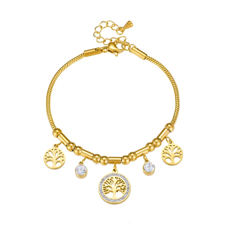 316L Stainless Steel Elegant Gold Color Tree - of - Life Charms Bracelet With Shiny Zircon Stone For Women's Daily Wear Vera Lux