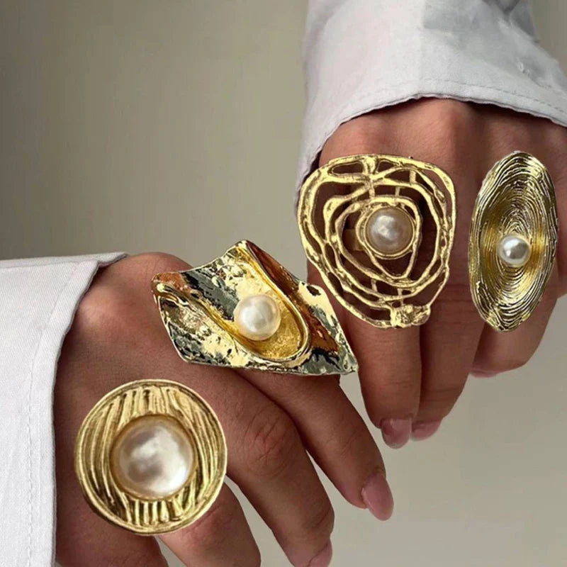 4 Pcs Exaggerated Gold Color Ring Set for Women 2025 Personality Metal Punk Party Big Flower Finger Ring Jewelry Accessories Vera Lux