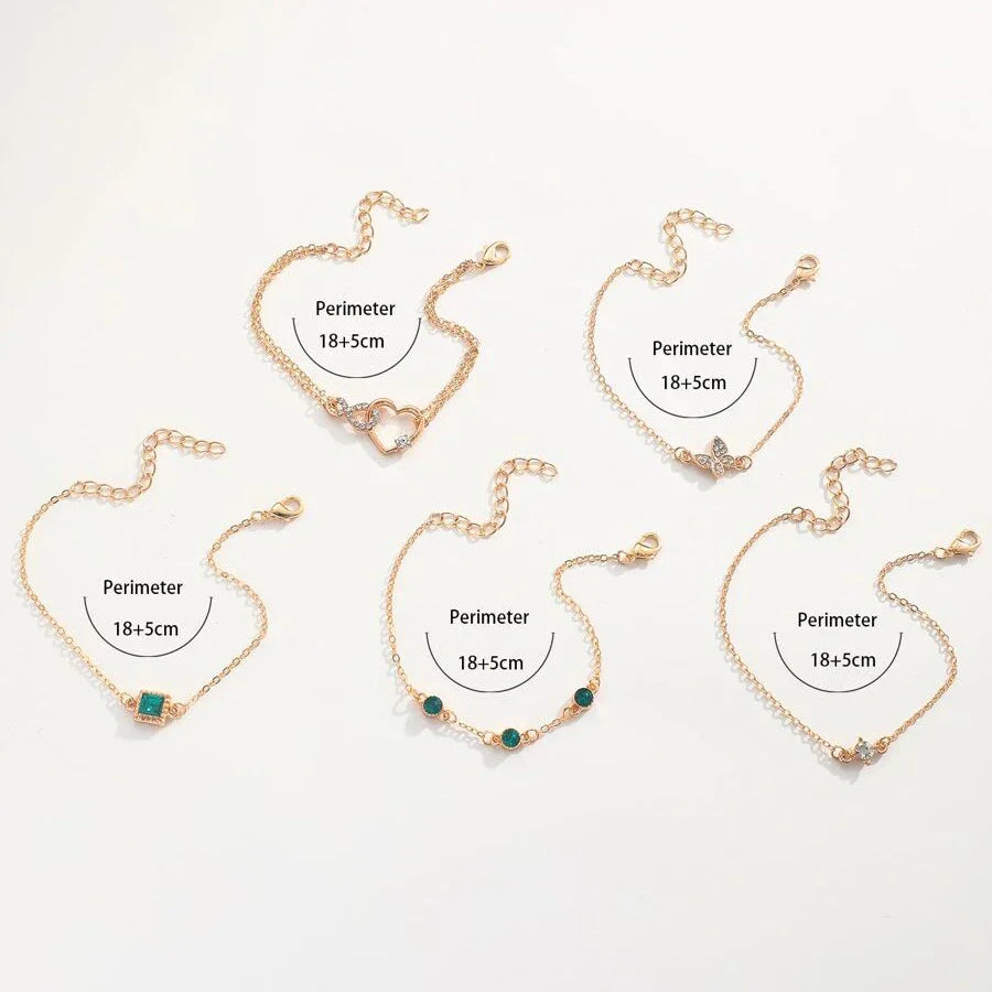 5 PCS Set Hallow Out Heart Green Crystal Stone Bracelet Set For Women Gold Color Lovely Butterfly Rhinestone Girls Bracelet Set Vera Lux