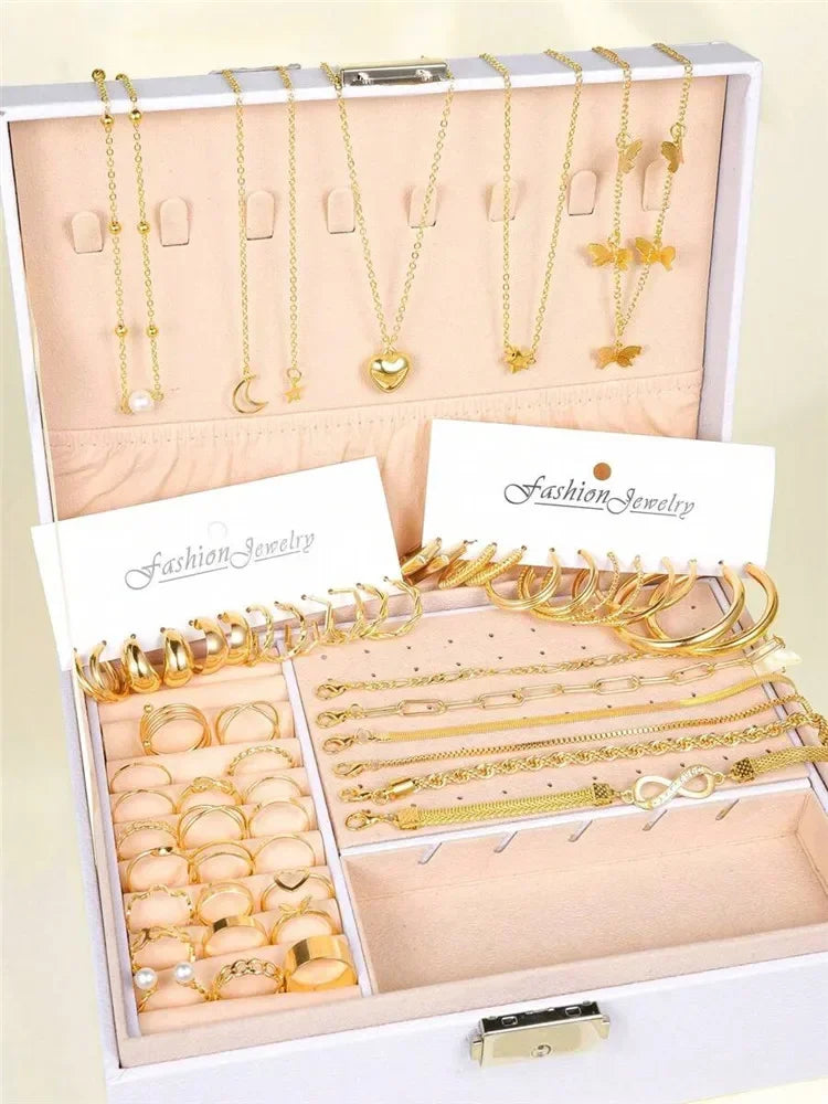 New 57 Pcs/Set Fashion Jewelry Sets For Women Metal Wide Face Earrings Necklaces Bracelets Ankles Rings Combinations Set Jewelry Vera Lux