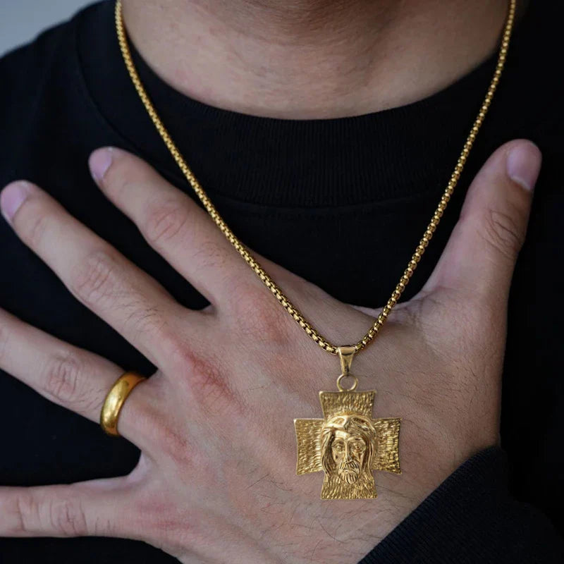 18K Gold Plated Jesus Face Cross Pendant Necklace Religious Charm for Men Women Faith-Inspired Jewelry Christian Gift Vera Lux