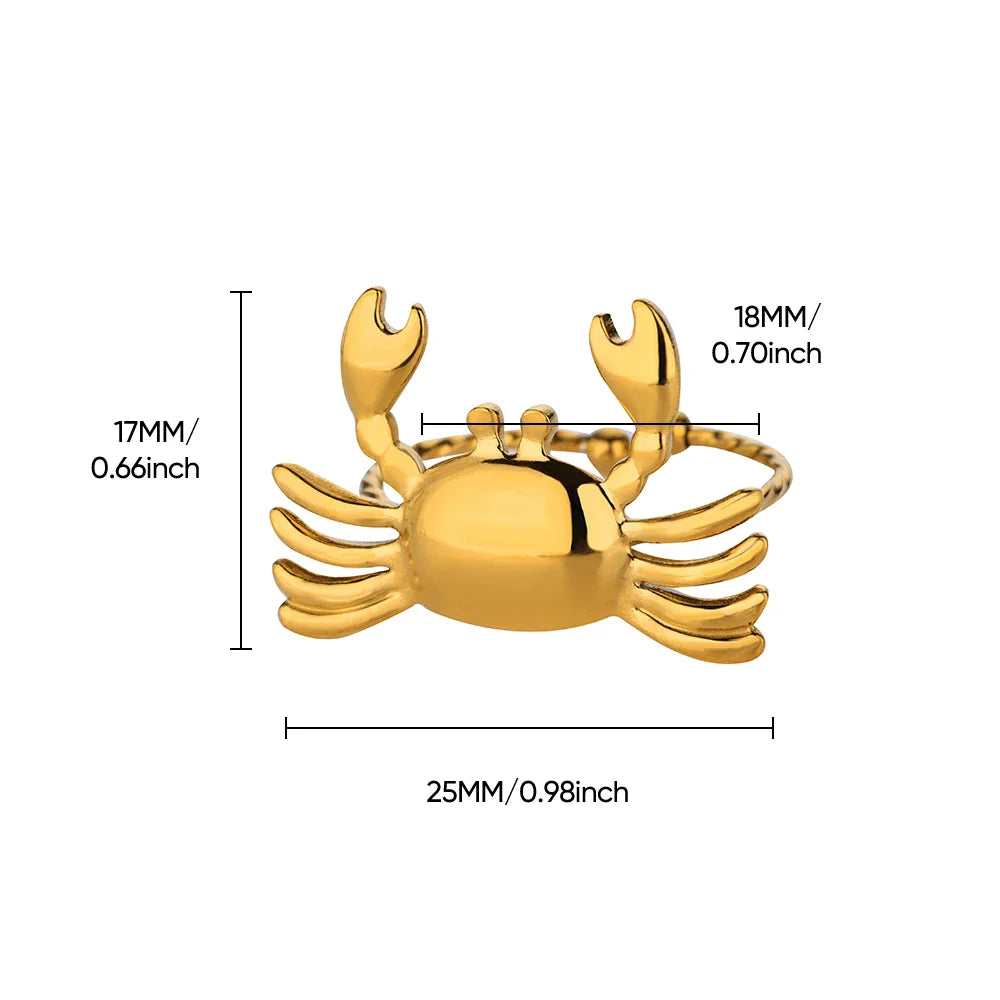Stainless Steel Crab Rings for Women Gold Color Cute Animal Open Adjustable Ring Aesthetic Fashion Waterproof Jewelry Gift Vera Lux