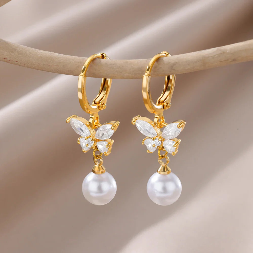 Zircon Natural Pearl Earrings For Women Gold Plated Stainless Steel Geometric Hoop Pearl Earring Wedding Bridesmaid Jewelry Gift Vera Lux