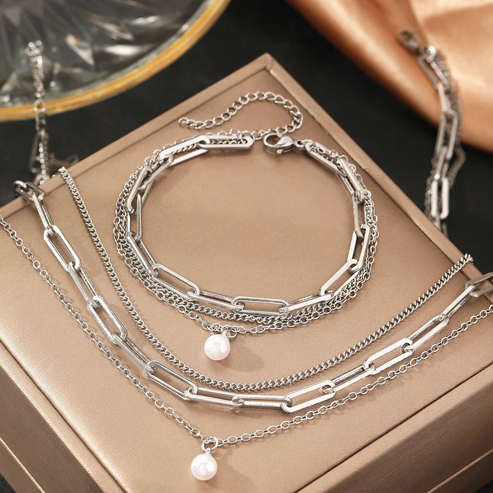 Aomogo Stainless Steel Jewelry Set Delicate Pearl Pendant Jewelry Set Luxury Multi-Layer Chain Jewelry Set For Women Jewelry Vera Lux