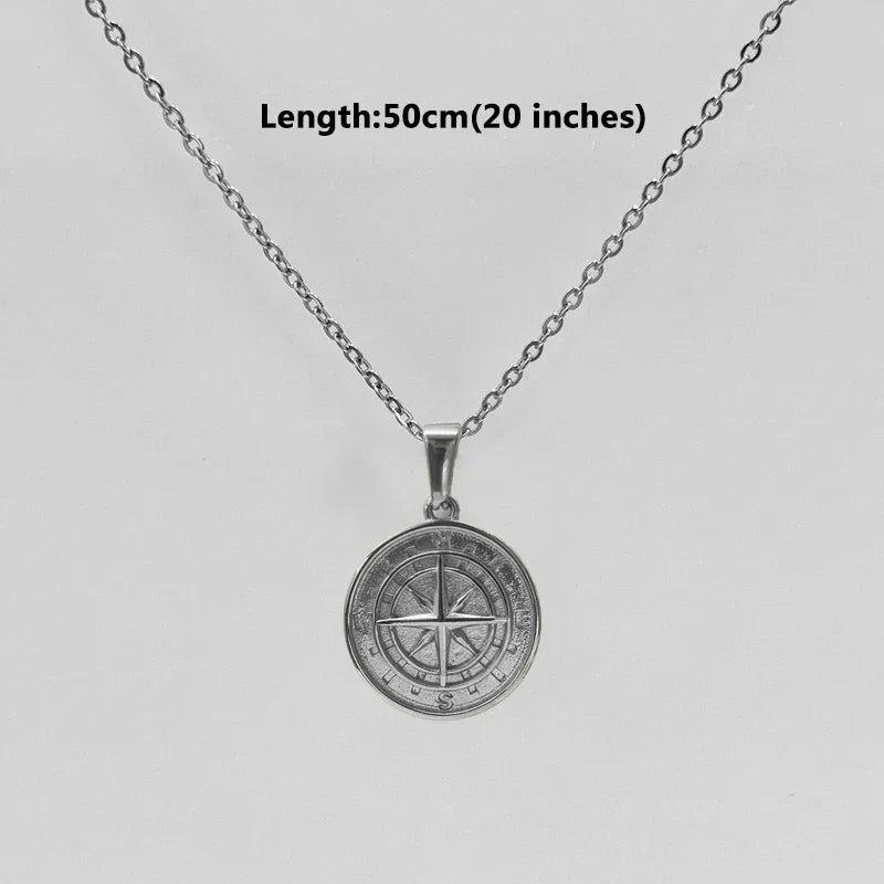 18K Gold Plated Stainless Steel Compass Pendant Necklace - Round Coin Design for Men & Women, Waterproof Unisex Jewelry Gift Vera Lux