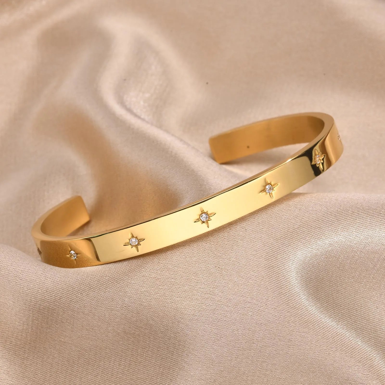 Open Adjustable Star Starburst Cuff Bangle Bracelet for Women Stainless Steel Cubic Zirconia Inlay Charm Layered Jewelry Vera Lux
