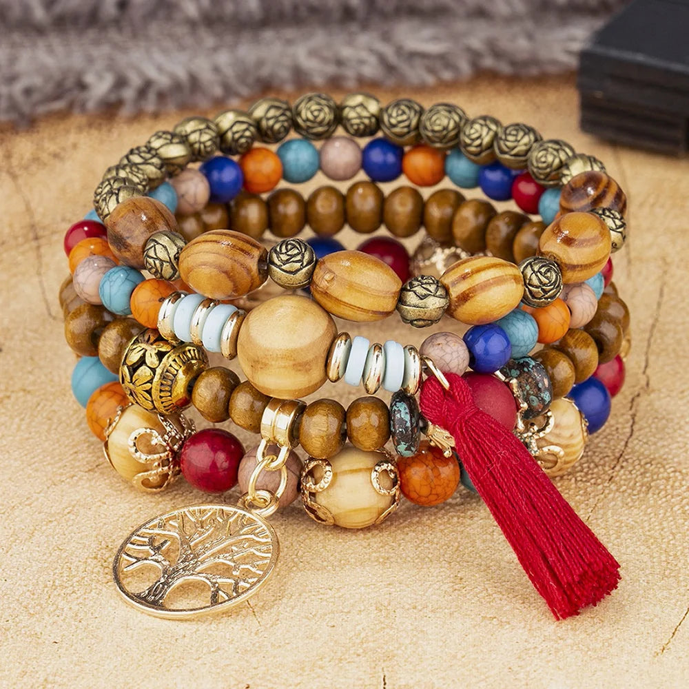 Boho Tree Of Life Bracelet Set For Women Fashion Tassels Charm Wooden Beads Elastic Chain Bangle Girl Trendy Party Jewelry Vera Lux