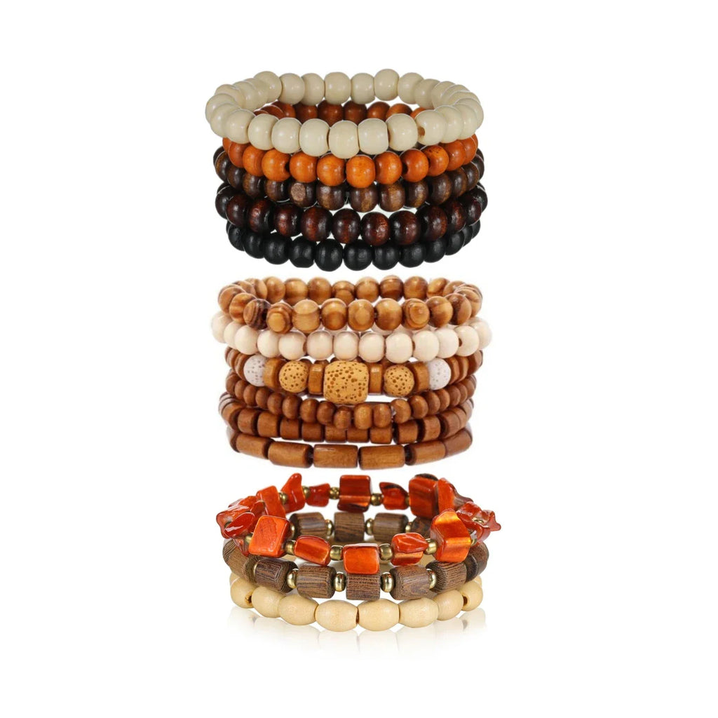 14 piece Bohemian style colorful wooden bead multi-layer layered neutral bracelet set suitable for gift giving Vera Lux