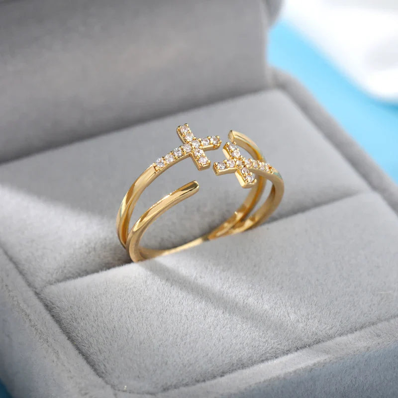 Zircon Double Cross Rings For Woman Stainless Steel Gold Color Shiny Opening Ring New Luxury Fashion Wedding Jewelry Gift Bague Vera Lux