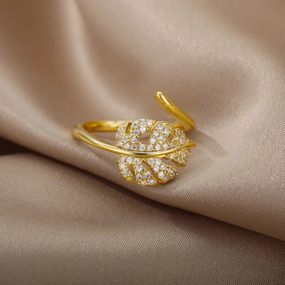 Fashion Palm Leaf Shape Open Rings For Women Gold Color Zircon Adjustable Finger Ring Girls Korean Party Jewelry Gift Vera Lux