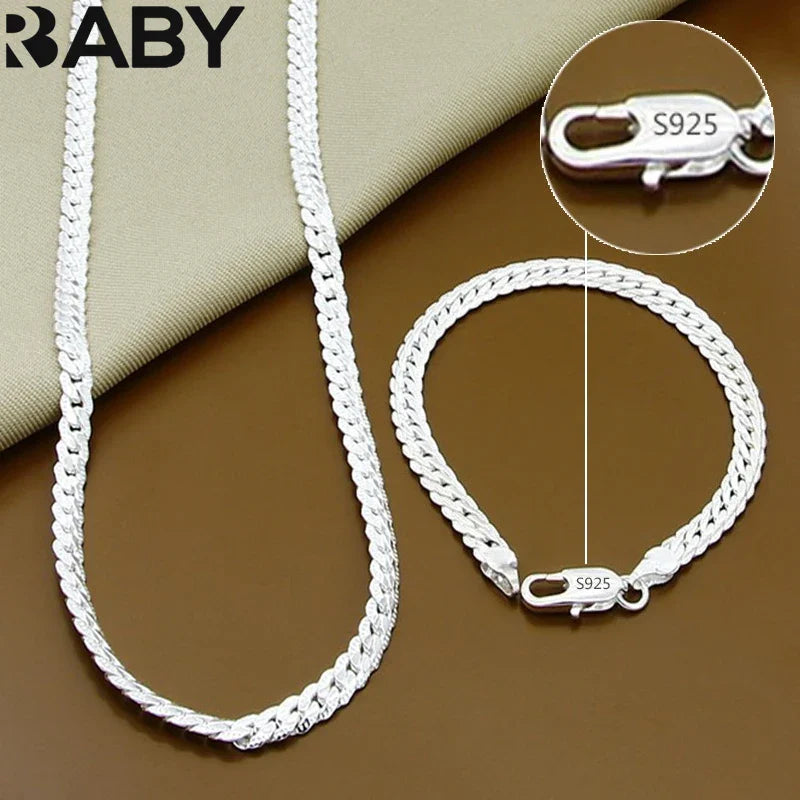 URBABY 925 Sterling Silver 2 Piece 6MM Full Sideways Chain Necklace Bracelet For Women Men Fashion Jewelry Sets Wedding Gift Vera Lux