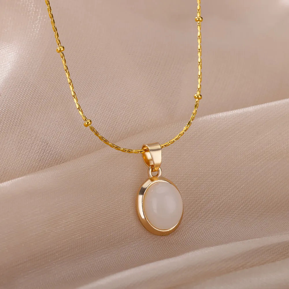 Fashion Stone Opal Oval Necklace For Women Stainless Steel Gold Color Oval Stone Pendant Necklace Wedding Aesthetic Jewelry Gift Vera Lux