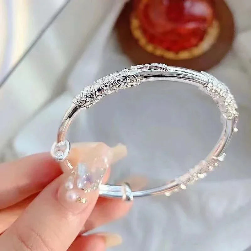 ALIZERO 925 Sterling Silver Full-blown Flowers Bangle Bracelet For Women's Delicate Open Adjustable Bracelets Fashion Jewelry Vera Lux