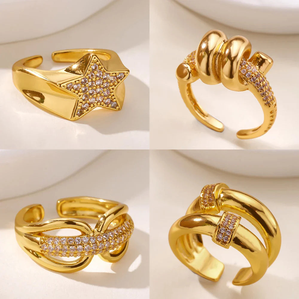 Zircon Star Knot Rings For Women Gold Color Stainless Steel Geometric Adjustable Finger Rings Wedding Couple Jewelry Gifts Vera Lux