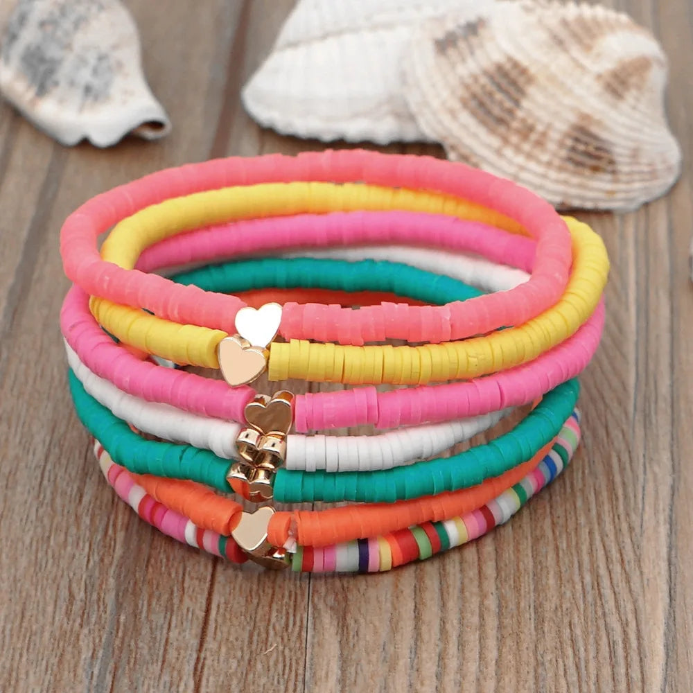 Fashion Rainbow Stackable Bracelets Set For Women Heart Charm Soft Clay Pottery Layering Beads Chain Bangle Female Boho Jewelry Vera Lux