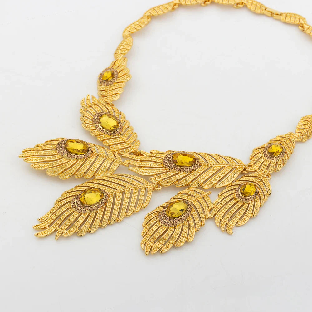 Italy Gold Color Jewelry Set Dubai Women Angel Feather Zircon Necklace Earrings Exaggerate Design Pendant Large Jewelry Bangle Vera Lux