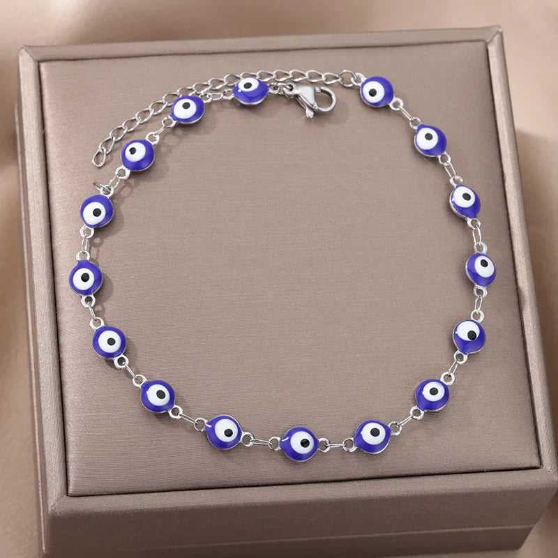 Stainless Steel Evil Eye Anklets For Women Enamel Round Leg Chain Blue Evil Eye Anklets Bracelet Summer Beach Foot Jewelry Gift Vera Lux