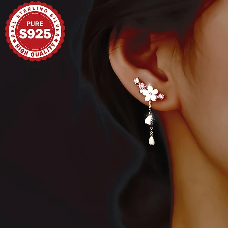 S925 Sterling Silver Sakura Tassel Earrings Cute Elegant Korean Style Versatile Classic Pendant Earring Allergy Free Vera Lux