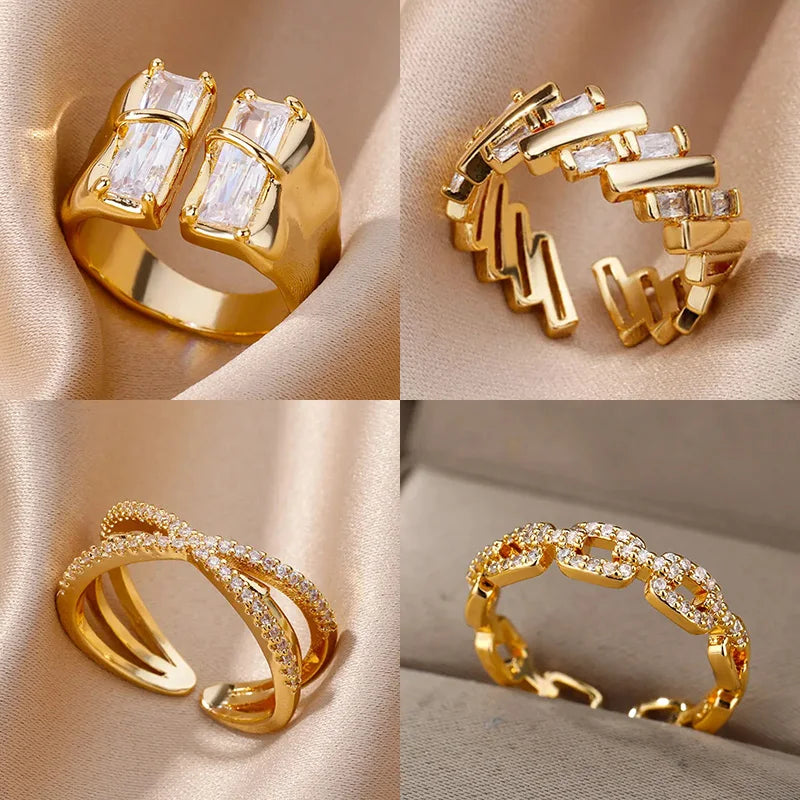Irregular Square Zircon Ring For Women Stainless Steel Gold Plated Opening Ring Wedding Party Fashion Jewerly Gift Free Shipping Vera Lux