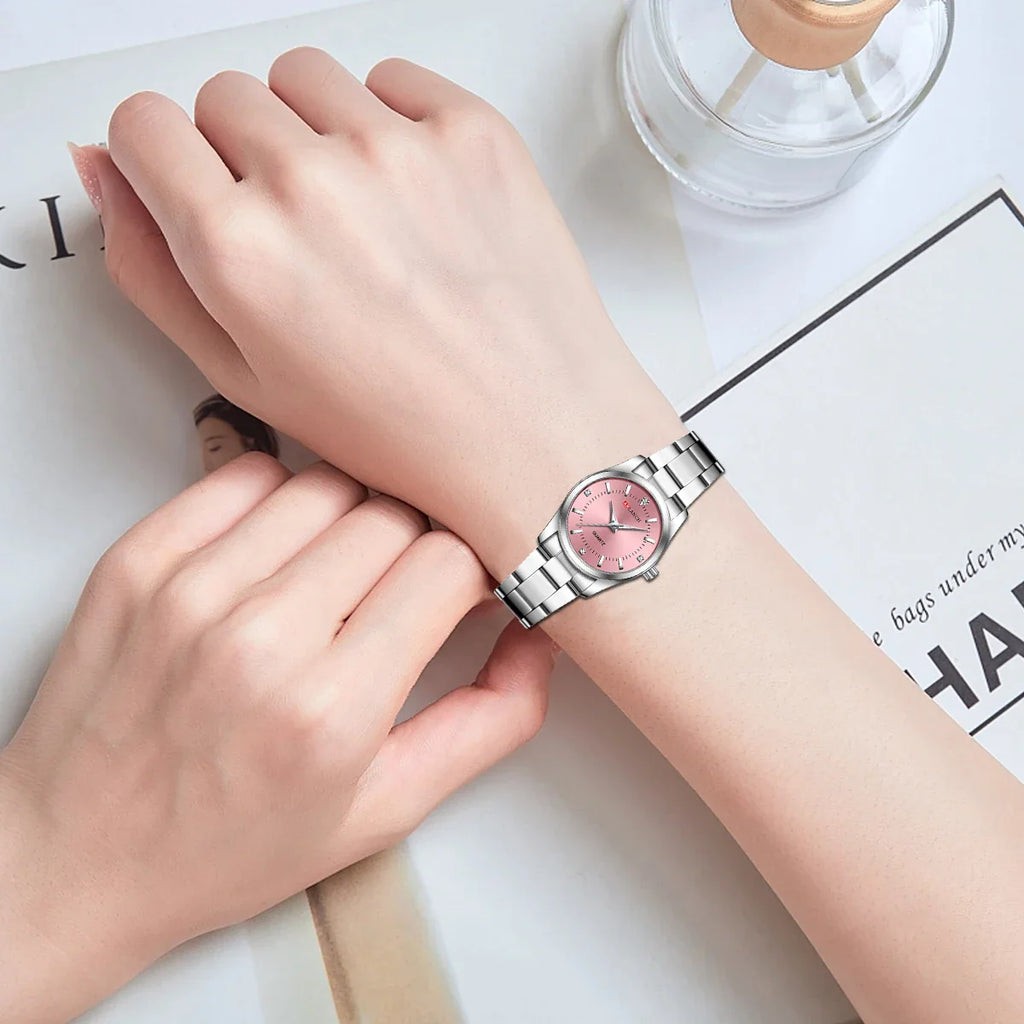 Luxury Women's Watch 29mm Fashionable Stainless Steel Rhinestone Pink Minimalist Girl Clock Outdoor Travel Women Wrist Watches Vera Lux