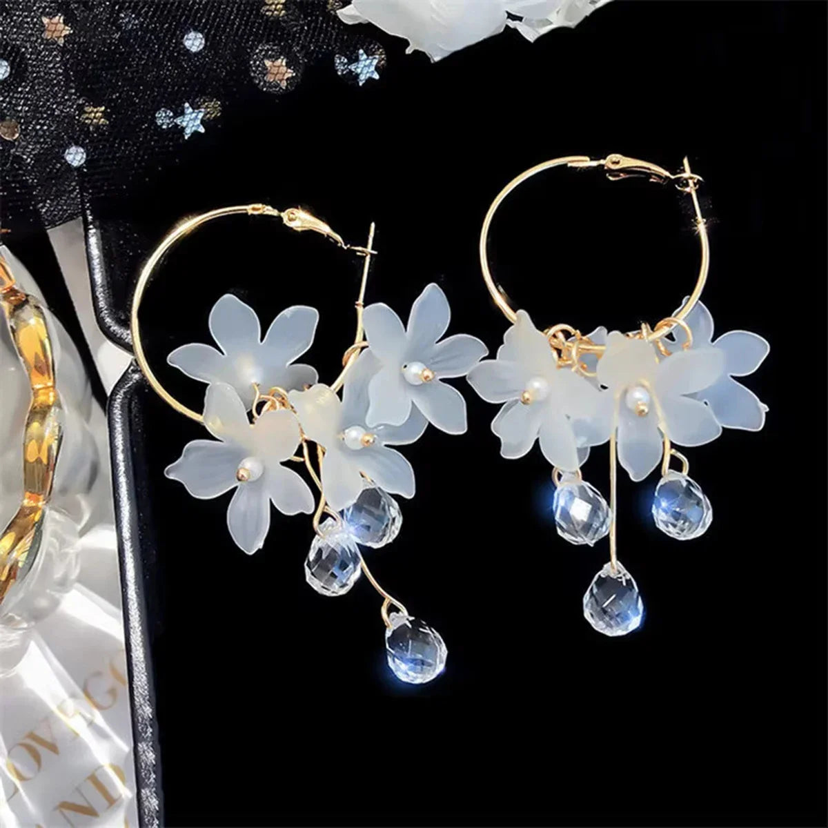 New korean Sweet Transparent Crystal Flower Drop Earrings For Women Temperament Long Tassel Earrings Female Elegant Jewelry Gift Vera Lux
