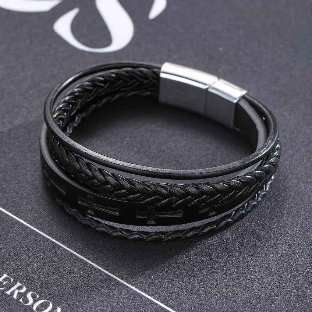 Fashion Cross Leather Rope Bracelet for Men Vintage Woven Leather Bracelet Punk Metal Magnet Buckle Personality Bracelet Jewelry Vera Lux