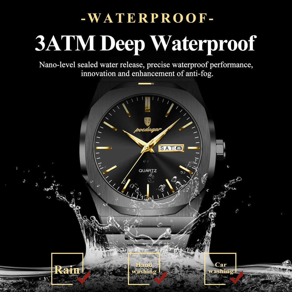POEDAGAR Fashion Brand Male Watch Waterproof Luminous Stainless Steel Watches For Men Date Week Casual Quartz Men's Clock Reloj Vera Lux