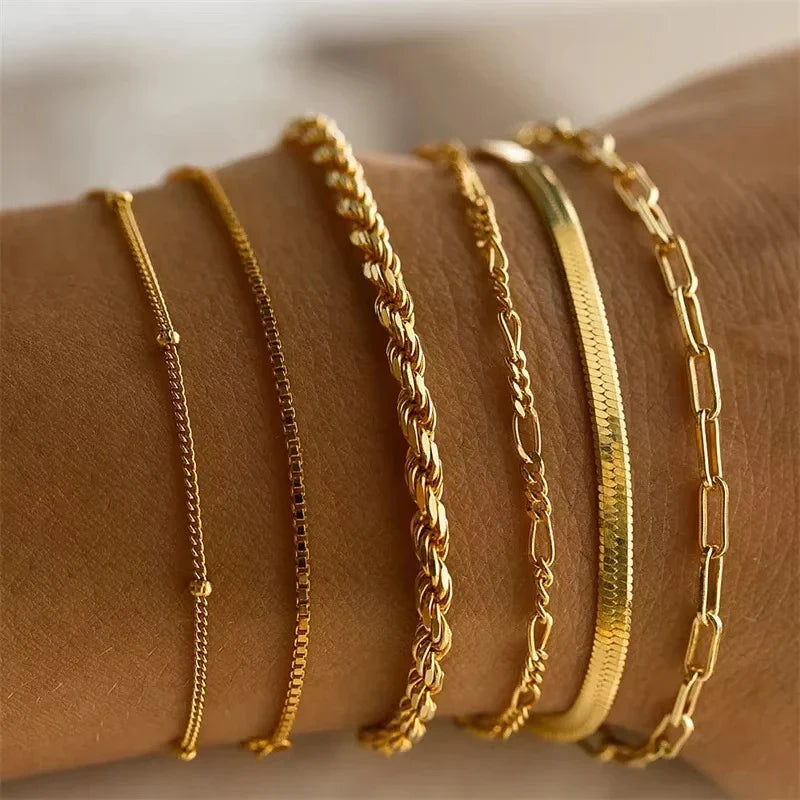 6Pcs Gold Color Bracelet Set Boho Retro Thick Twist Cuban Chain Bracelet for Women 2023 Trendy Quality Jewelry Gifts Vera Lux