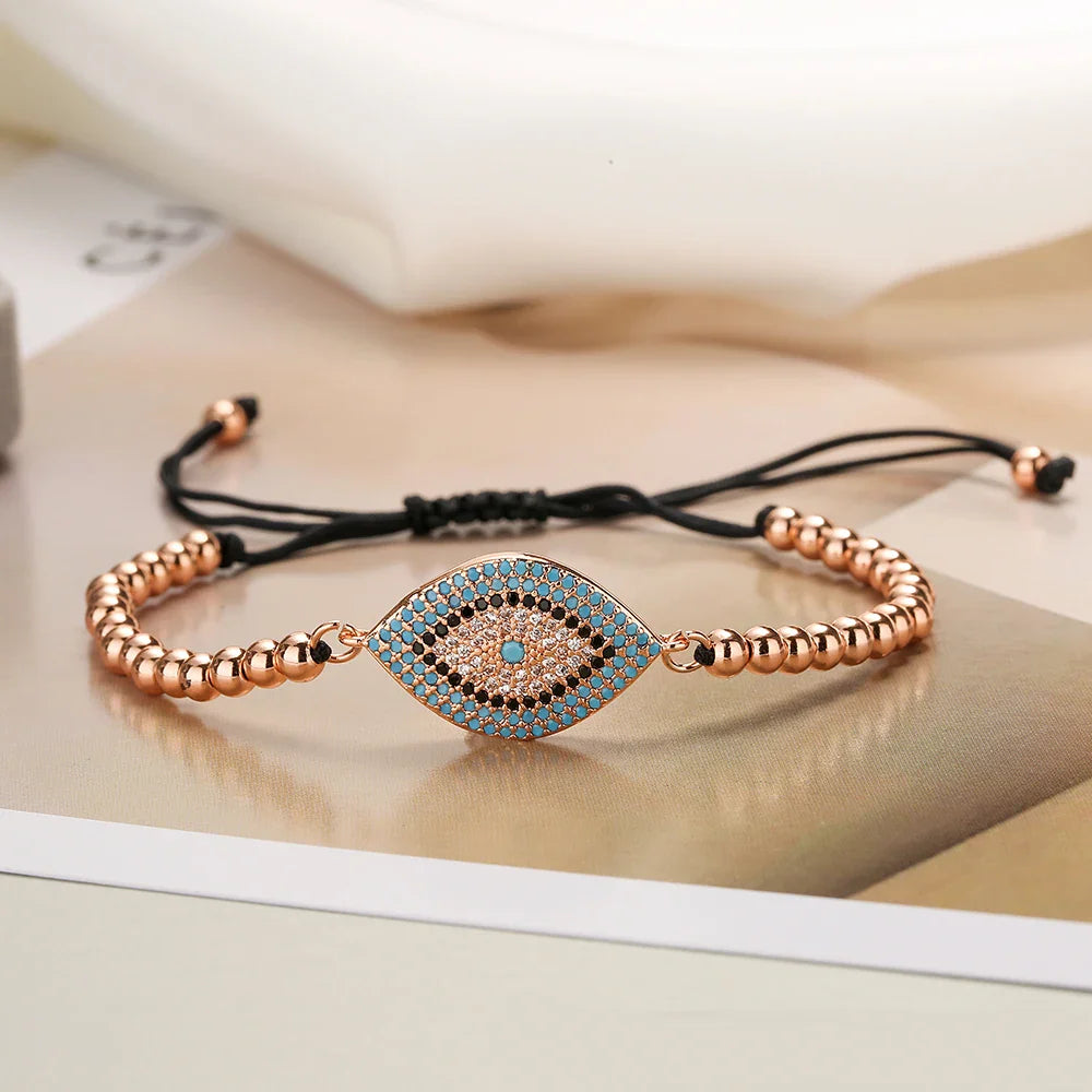NEWBUY 2023 Fashion Hand Made Black Rope Beads Chain Bracelet Adjustable AAA CZ Zircon Evil Eye Charm Bracelets For Women Girl Vera Lux