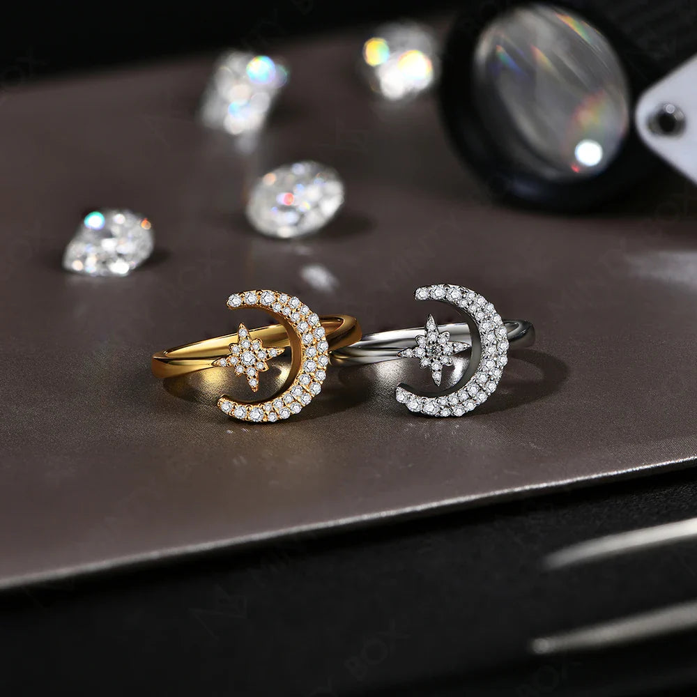 MINTYBOX 0.242CTW Star Moon S925 Sterling Silver Moissanite Rings For Women Lab Diamond Ring 18K Gold Plated Wedding Jewelr Gift Vera Lux