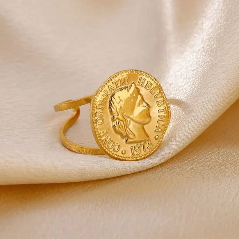Stainless Steel Round Portrait Open Rings For Women Gold Color Adjustable Wedding Aesthetic Ring Party Fashion Jewerly Gift BFF Vera Lux
