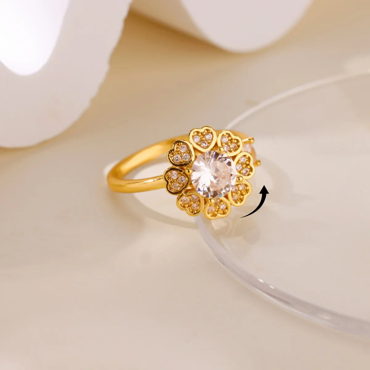 Luxury Zircon Rotable Flower Heart Rings For Women Stainless Steel Gold Color Open Ring 2025 New Fashion Wedding Couple Jewelry Vera Lux
