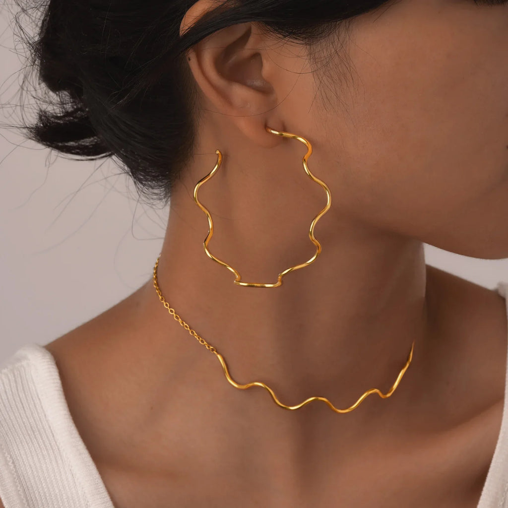 Open Hoop Earrings Women, Minimalist 18K Gold Plated Large Earrings Wave Shape Big Hoops,Stainless Steel Jewelry Vera Lux