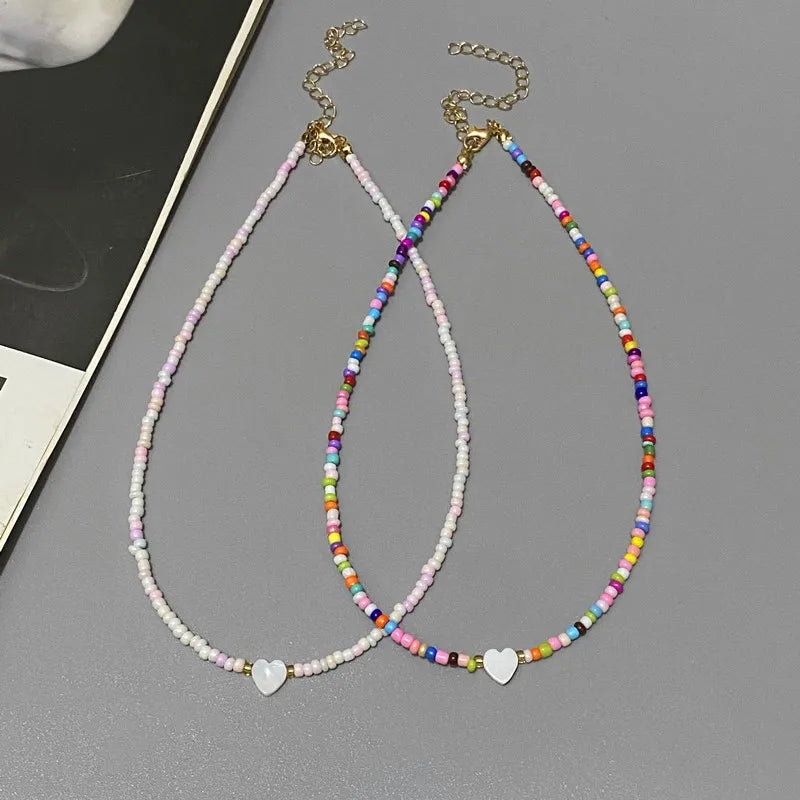 New Nature Shell Love Heart Choker Necklace for Girl Spring Summer Fashion Small Colorful Glass Beads Necklace Gift for Friend Vera Lux