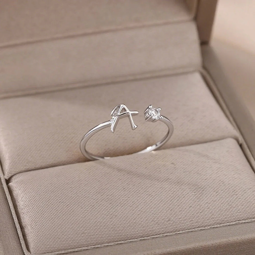 Zircon Tiny Initial Letter Rings For Women Stainless Steel A-Z Letters Adjustable Ring Female Christmas Aesthetic Jewelry Gift Vera Lux