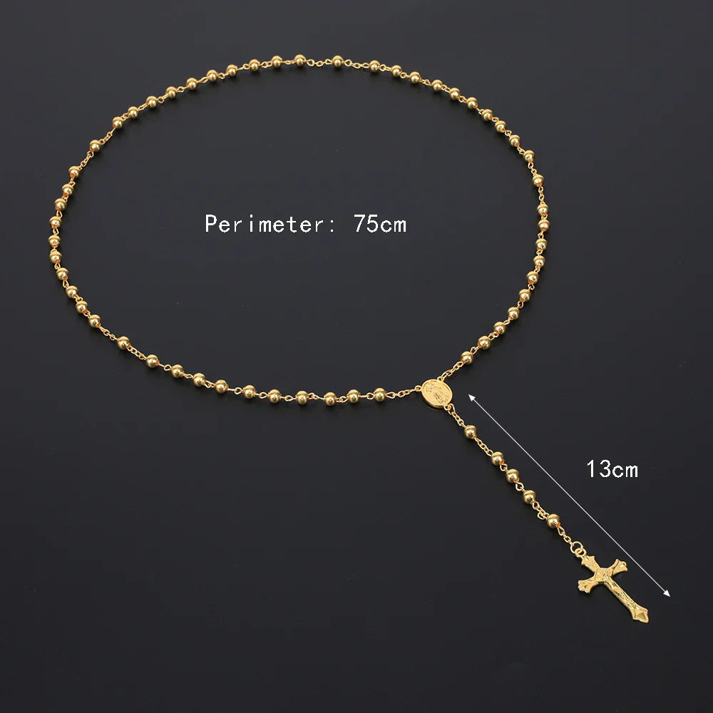 Gold Color Rosary Necklace For Women Men Long 6MM Beads Chain Crucifix Cross Pendant Religious Prayer Party Jewelry Gift Vera Lux