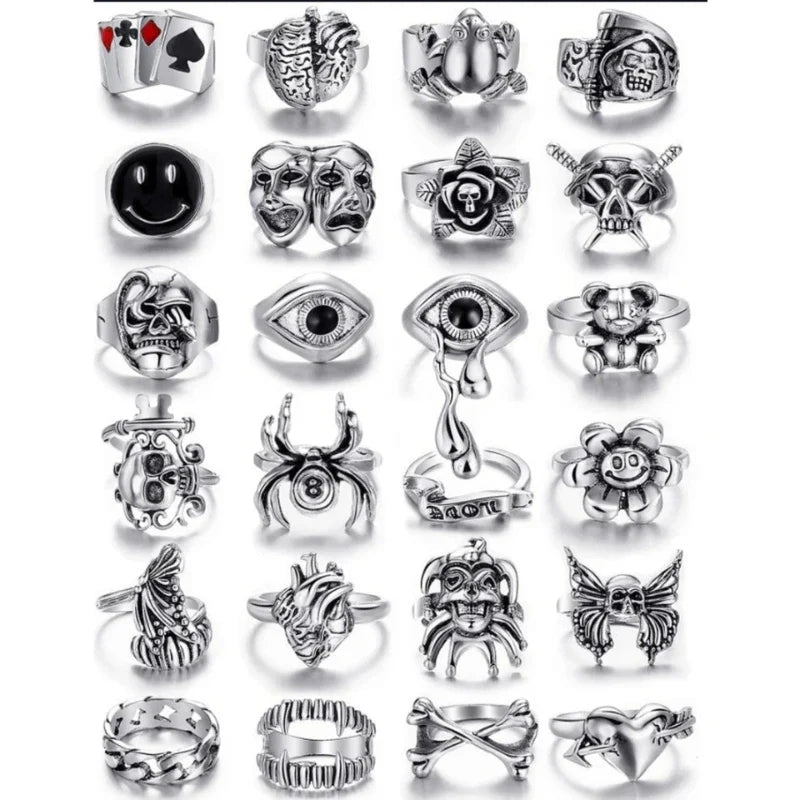 24Pcs Ring Set Alloy Personality Poker Card Smiley Ring Gothic Punk Hip Hop Trend Style Wear Matching Accessories Vera Lux
