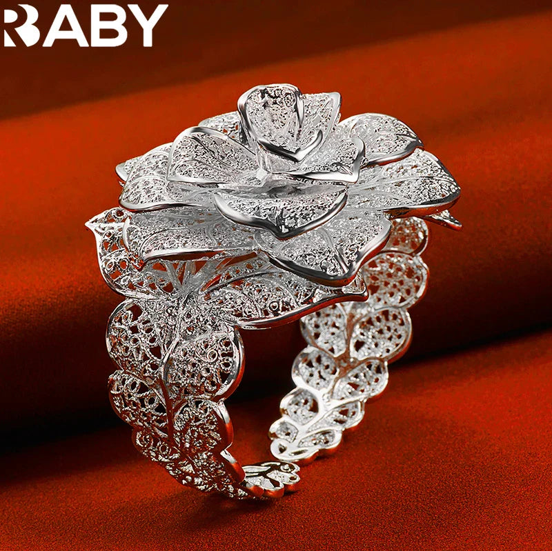 925 Sterling Silver Exquisite Pretty Camellia Flower Bracelet Bangles For Woman Charm Jewelry Wedding Engagement Fashion Party Vera Lux