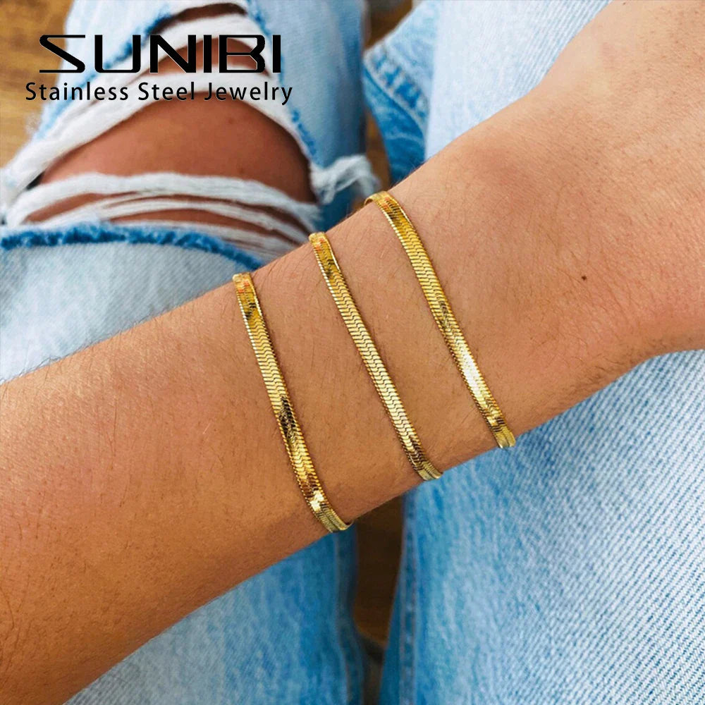 SUNIBI Classic Stainless Steel Snake Chain Bracelet for Women Gold Color Width 2/3/4/5mm Chain Bracelet Women Jewelry Wholesale Vera Lux