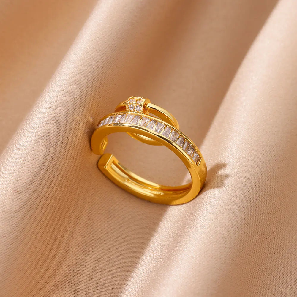 Zircon Geometric Rings For Women Luxury Stainless Steel Gold Color Open Ring Trendy Wedding Party Aesthetic Jewerly Gift Femme Vera Lux