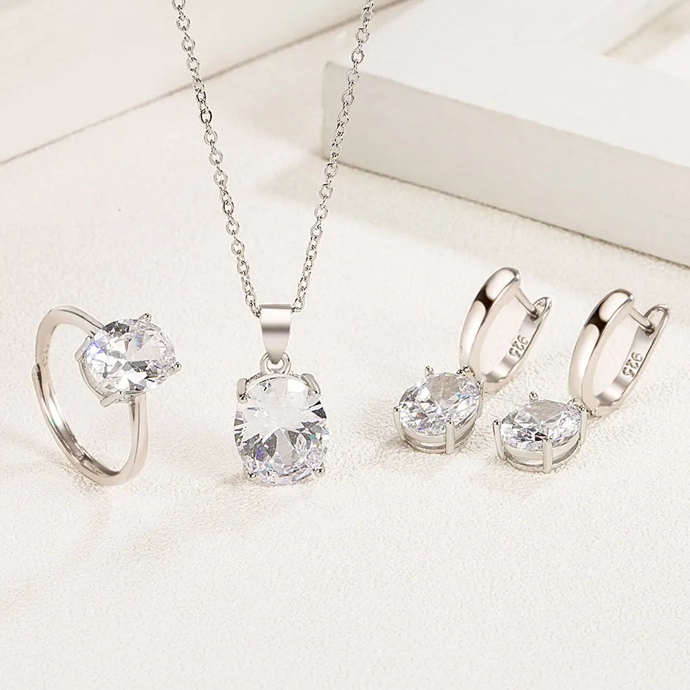 925 Sterling Silver Elegant Women's Jewelry Sets Ellipse Zircon Ring Necklace Earrings Accessories Juwellery Argent 925 Vera Lux