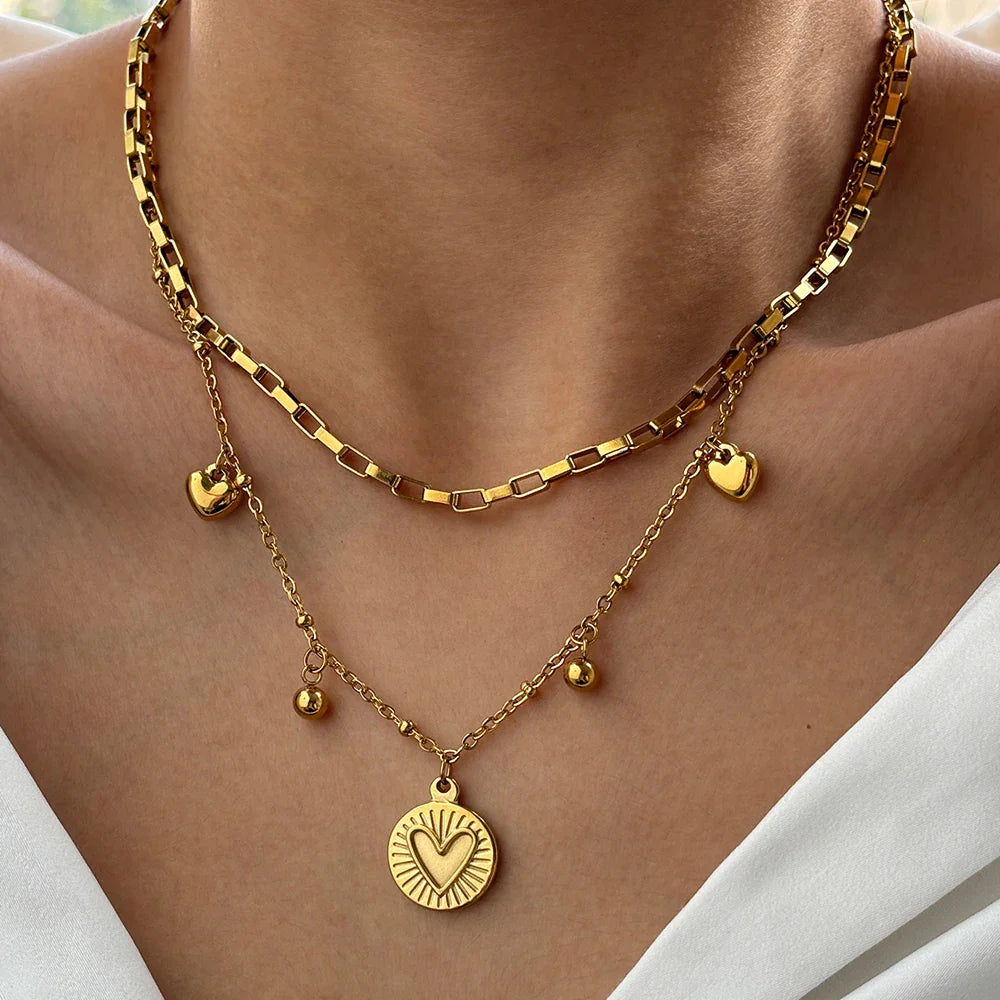 woiwoi Stainless Steel Necklace Luxury Exquisite Peach Heart Double Layer Bone Chain Ladies Jewelry Birthday Anniversary Gift Vera Lux