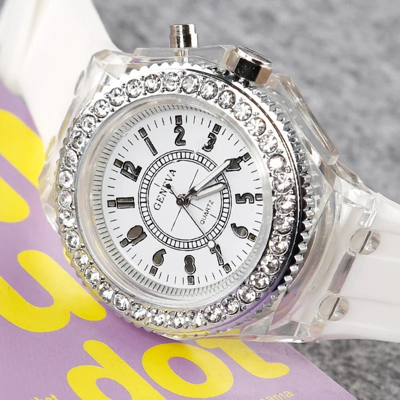 Luminous Quartz Watch for Women Personality Rhinestone Led Fashion Geneva Male and Female Students Couple Jelly Wrist Watches Vera Lux
