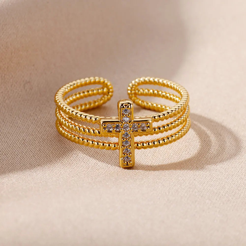 New in Zircon Cross Rings For Women Adjustable Stainless Steel Cross Ring Femme Design Luxury Wedding Jewerly Gift 2023 anillos Vera Lux