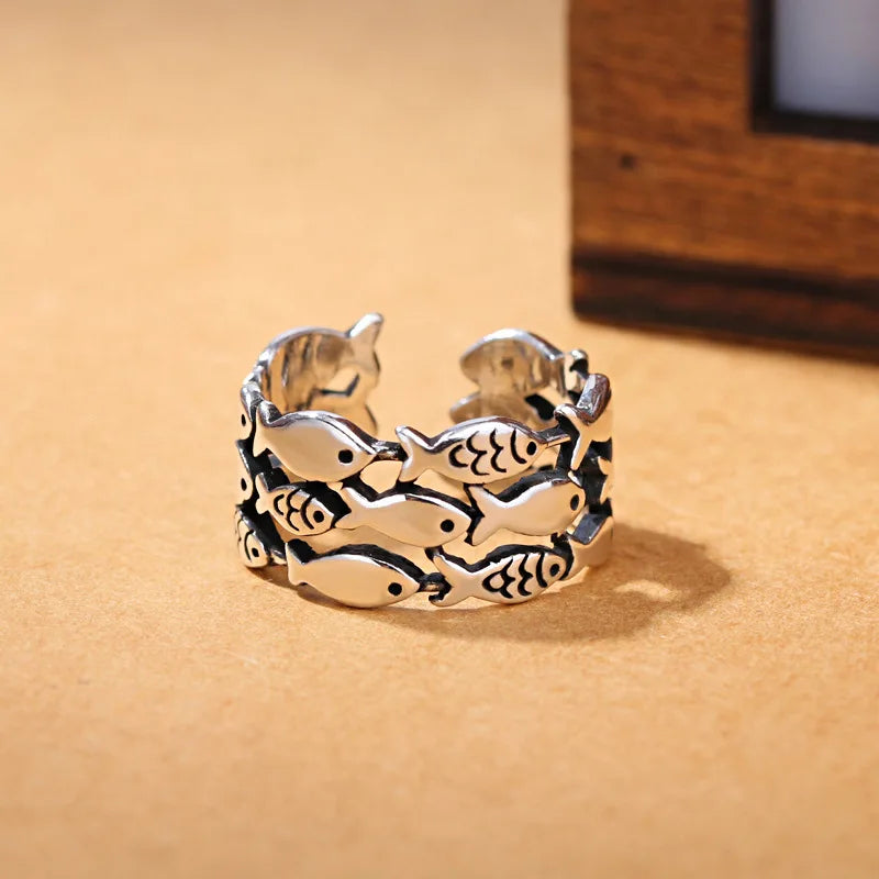 925 Sterling Silver Three Layers Fish Adjustable Rings For Women Engagement Wedding Vintage Jewelry Accessories Jewellery Vera Lux