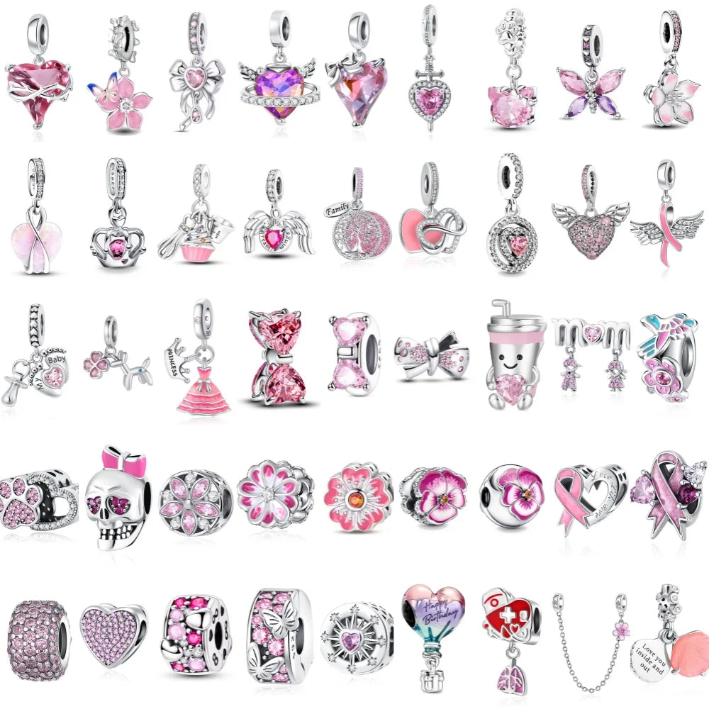 2026 Spring Pink Series Ballon Butterfly Flower Pendant Fit S925 European 925 Sterling Silver Bracelet Bangles Necklace Vera Lux