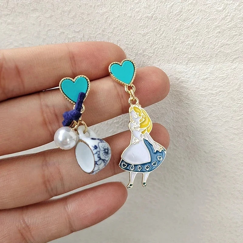 Carton Fairy Tale Princess Alice Asymmetry Earrings Imitation Pearl Blue Heart Dangle Earrings Cute Girls Enamel Earrings Vera Lux