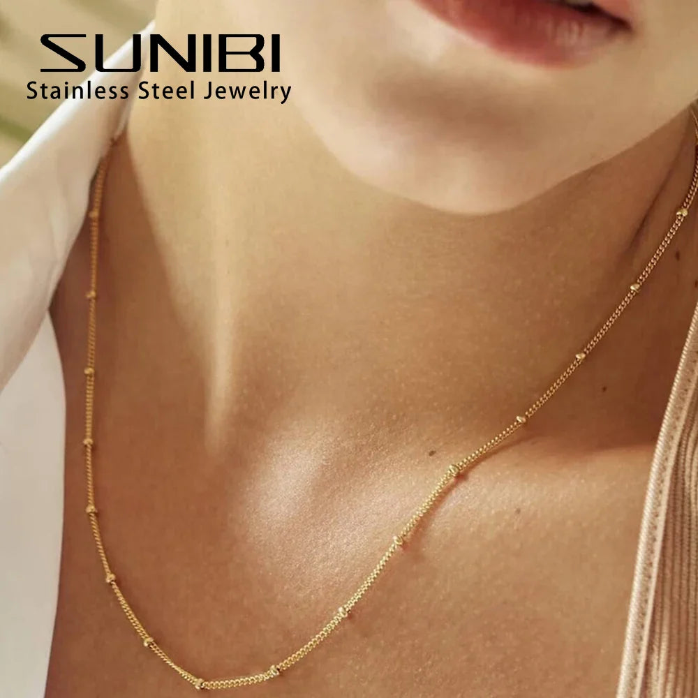 SUNIBI Stainless Steel Chain Necklace for Women Gold Color Thin Choker Bead Chain Necklace Jewelry Wholesale Dropshipping Vera Lux