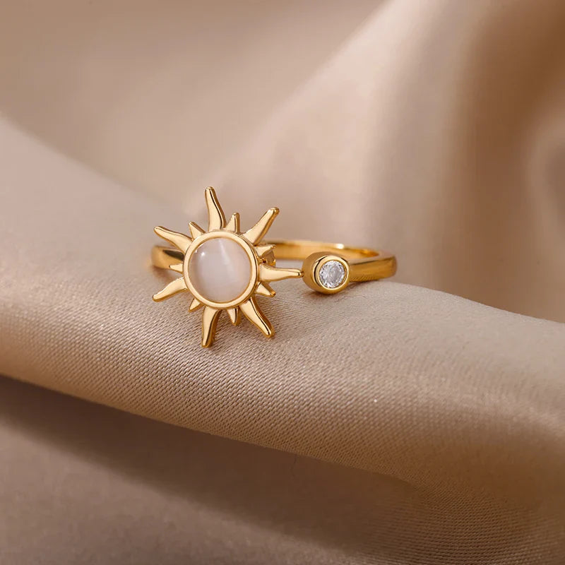 Rotating Sun Opal Ring For Women Stainless Steel Retro Charm Adjustable Open Rings Party Jewelry Best Friend Gift Bijoux Femme Vera Lux